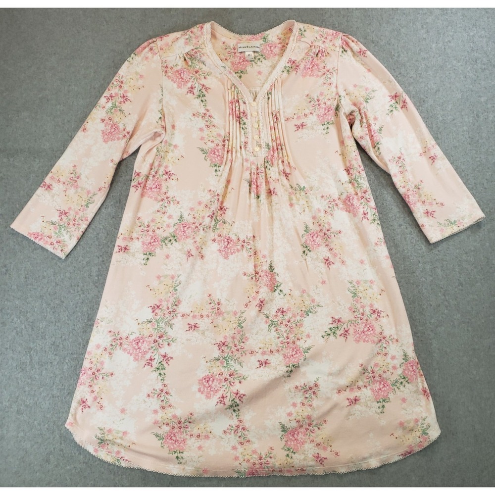Miss Elaine Nightgown Womens Pink Floral Size M Long Sleeve Midi Length